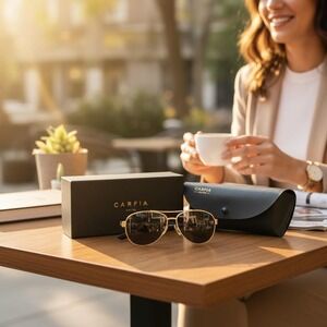 Carfia Sunglasses Mens‎ 61mm Gold Black Polarized Aviator Case Box CA3210 C02